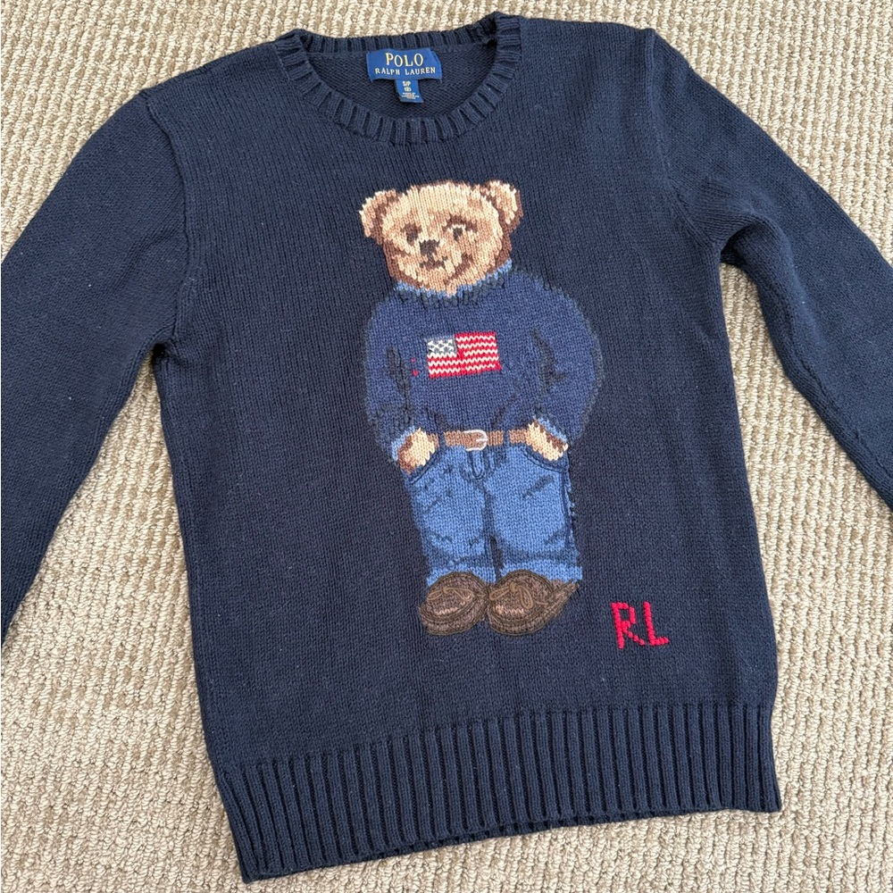 Ralph Lauren Blue Knit Sweater with Teddy Bear Design